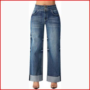 High Waisted Stretchy Wide Leg Jeans Cuffed Baggy Loose Denim Pants